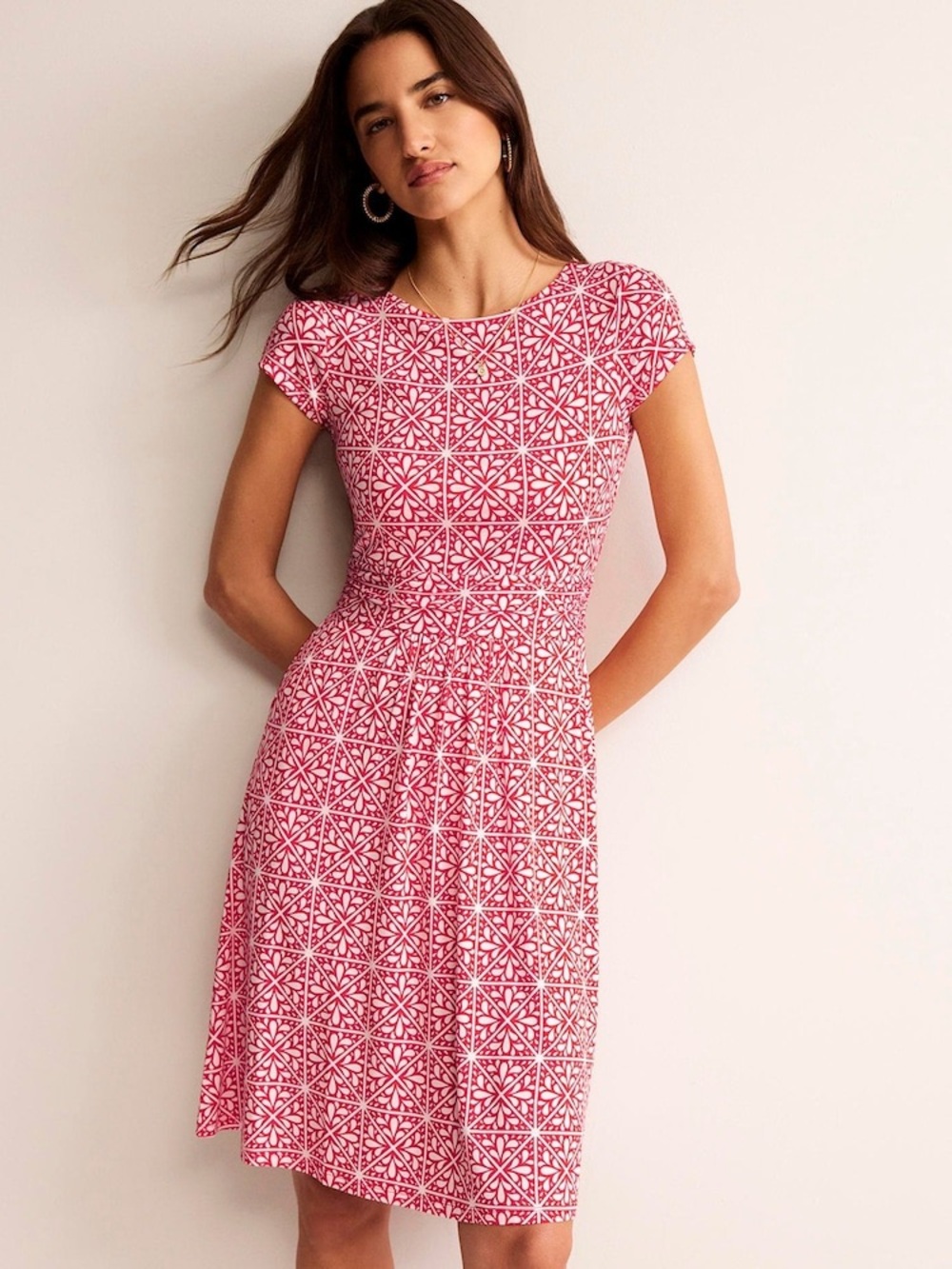 Boden‎ Amelie Red Tile Print Midi Dress 4 Long Coastal European Summer Classic